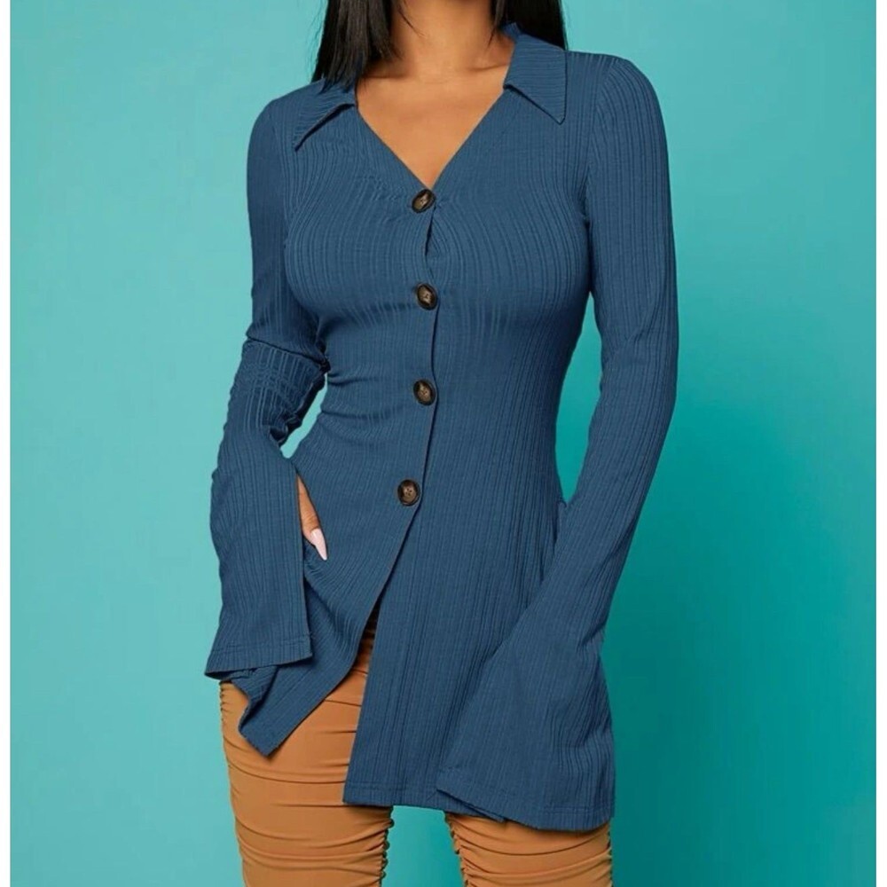 SHEIN Ribbed Knit Button Up Cardigan w slit sleeve​